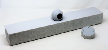 An AMX/harmon Acendo Vibe Conferencing Sound Bar with Camera in white/grey. (damage to camera shell)