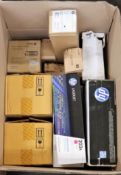 A box of assorted as new printer cartridges and related items (All items sold as seen).