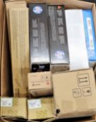 A box of assorted as new printer cartridges and related items (All items sold as seen).