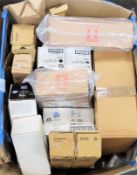 A box of assorted as new printer cartridges and related items (All items sold as seen).