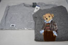 An as new Polo Ralph Lauren embroidered teddy bear sweatshirt (M) and grey heather top (M).
