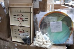 A pallet of miscellaneous items including compendium games, chess sets and Rainbow Unicorn notebooks