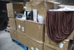 Two pallets of miscellaneous items to include kids' aprons, household items and hardware etc.
