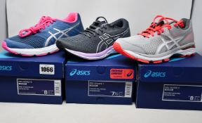 Three pairs of women's as new Asics trainers; Gel-Exalt 5 (UK 6), Gel-Excite 7 (UK 5.5) and Gel-