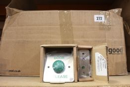 A quantity of green dome exit buttons and Red + Green LED indicator plates, both laser etched