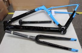 A gents as new carbon fibre racing bicycle frame, fork and seat pin (Lacks seat pin binder wedge),