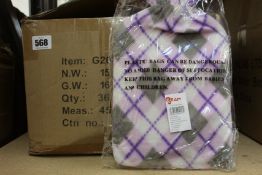 Thirty six boxed as new RAM 2ltr Hot Water Bottles in various soft fleece designs.