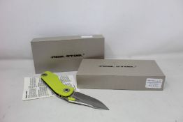 Five Real Steel pocket knives - three Luna Eco (7083) in blackwash and two Stella (7054) in green/