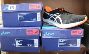 Three pairs of as new Asics Gel-Pulse 11 trainers (UK 7.5, 10, 12).