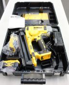 A Dewalt DCN 890 P2 cordless concrete nailer with case, two batteries and a charger.