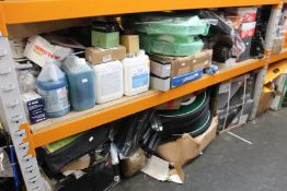 A large quantity of automotive parts and related items (Two shelves).