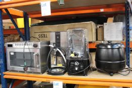 A Samsung CM1329 commercial microwave, a Marco Eco-Boiler, Adexa blender and a soup kettle.
