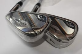 Two as new Callaway Mavrik iron golf clubs (Both right-handed, irons 5 and 7).