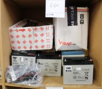 A miscellaneous quantity of rechargeable lead acid batteries to include Yucel and Power Sonic.