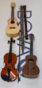 A Lonaha ukulele with case, another ukulele with case, a violin with case (There is writing all over