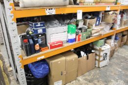 A large quantity of automotive parts and related items (Two shelves).