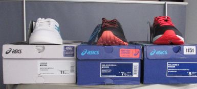 Three pairs of women's as new Asics trainers; Gel Zone 6 (UK 6), Gel-Sonoma 4 (UK 5.5) and Japan
