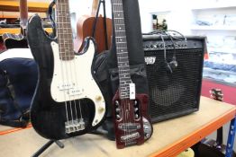A pre-owned Starmaker bass guitar, Laney Harcore Max amp and a Traveller Speedster guitar.