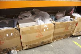 Four boxes of assorted clothing and related items.