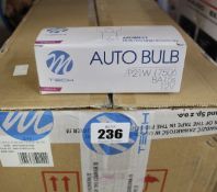 One hundred boxes of ten as new MTECH Halogen Bulbs 12V BAY 15d P21 / 5W Blister.