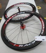 A pair of as new Fulcrum Racing Speed XLR deep section carbon fibre 700c tubular wheels, Shimano