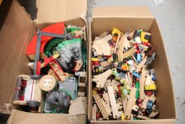 A large quantity of wooden trains, tracks and related.