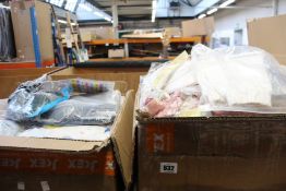 Two boxes of kids clothing and related items.