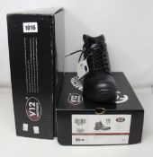 Three pairs of as new V12 Footwear metal free Derby work boots (1 x UK 6, 2 x UK 13).