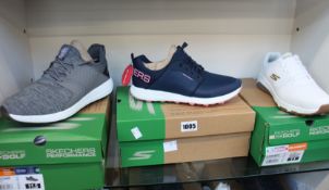 Three pairs of as new Skechers Go Golf shoes; Max-Rover (UK 10.5), Max Sport (UK 8) and Skech Air-