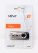 Twenty five boxed as new Ativa USB 2.0 16GB Flash Drives in Silver/Black (Packaging sealed).
