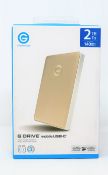 A boxed as new G-Technology G-DRIVE Mobile USB-C 2TB in Gold (Box sealed, some damage to box).