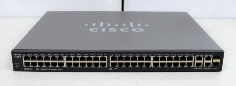 A pre-owned Cisco 52 port managed network switch (PN: SG300-52P)