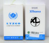 A box of assorted as new mobile phone replacement parts to include screen replacement kits for