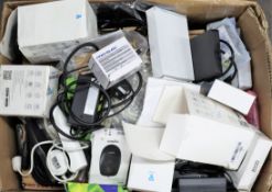 Two boxes of assorted new and pre-owned small electrical items (All items sold as seen).
