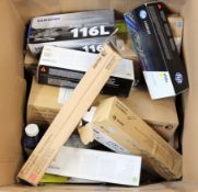 A box of assorted as new printer cartridges and related items (All items sold as seen).