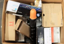 A box of assorted as new printer cartridges and related items (All items sold as seen).