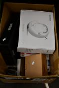 A box of assorted miscellaneous items to include men's Kemi hair trimmer, robotic vacuum cleaner,