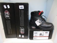 Three pairs of as new V12 Footwear metal free Derby work boots (1 x UK 6, 2 x UK 13).