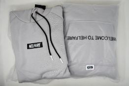 Five as new Helfare Stamp hoodies in stone grey (XS, S, 2 x XL, XXL - RRP £50 each).