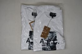 Two men's as new A.P.C. white Graphic Teddy T-shirts (L, XL - RRP £95 each).