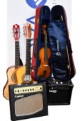 A pre-owned Laney guitar amplifier, a pre-owned Epiphone guitar amplifier, two pre-owned acoustic