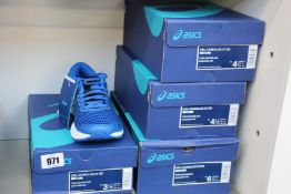Four pairs of children's as new Asics Gel-Cumulus 21 trainers (UK 2.5, 3, 3.5, 5).