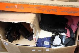 A box of assorted clothing and related items and a small box of glasses/purses/wallets.