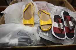 A box of assorted fashion shoes, various styles and sizes.