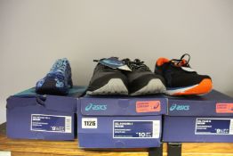 Three pairs of as new Asics trainers; Gel-Sonoma 4 (UK 9), Gel-Pulse 12 (UK 8.5) and Gel-Noosa Tri