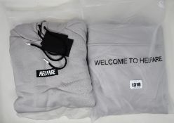 Five as new Helfare Stamp hoodies in stone grey (XS, 2 x S, 2 x XXL - RRP £50 each).