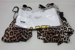 Two as new Ganni leopard print swimsuits (Size 40) and a Ganni Hero Responsible Smiley T-shirt (S).