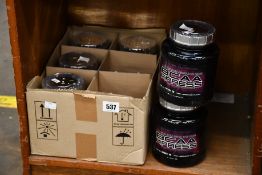 Six 700g tubs of BCAA Xpress essential amino acid drink in pink lemonade flavour.