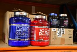 Three 100% Whey Protein Professional - coconut flavour (2350, 03/23), one 100% Whey Protein - peanut