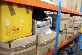 Five boxes of assorted clothing and related items, one box of purses/wallets and six boxes of